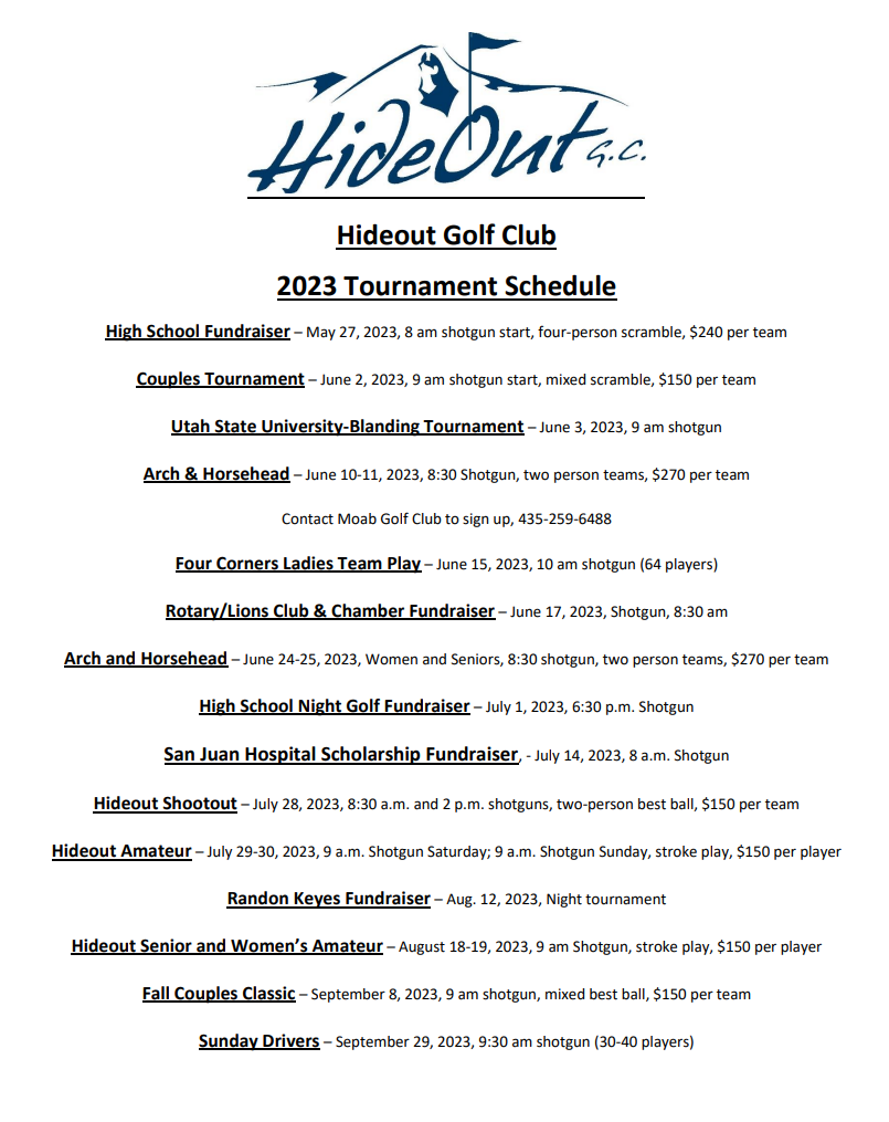 Calendar Hideout Golf Course
